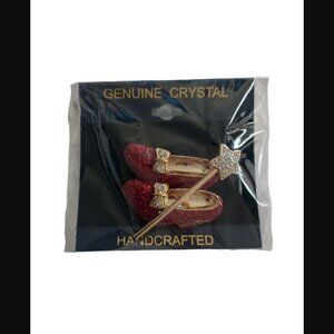 Wizard Of Oz Red Ruby Slippers Gold Tone Broach Pin Hand Crafted Genuine Crystal